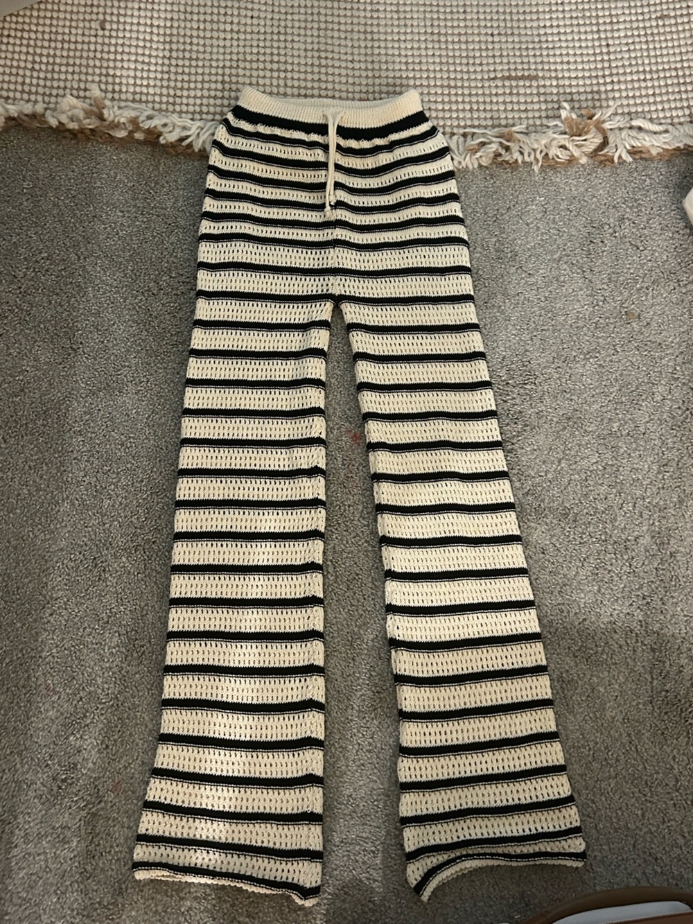 Striped Crochet Knit Pants in Cream & Black